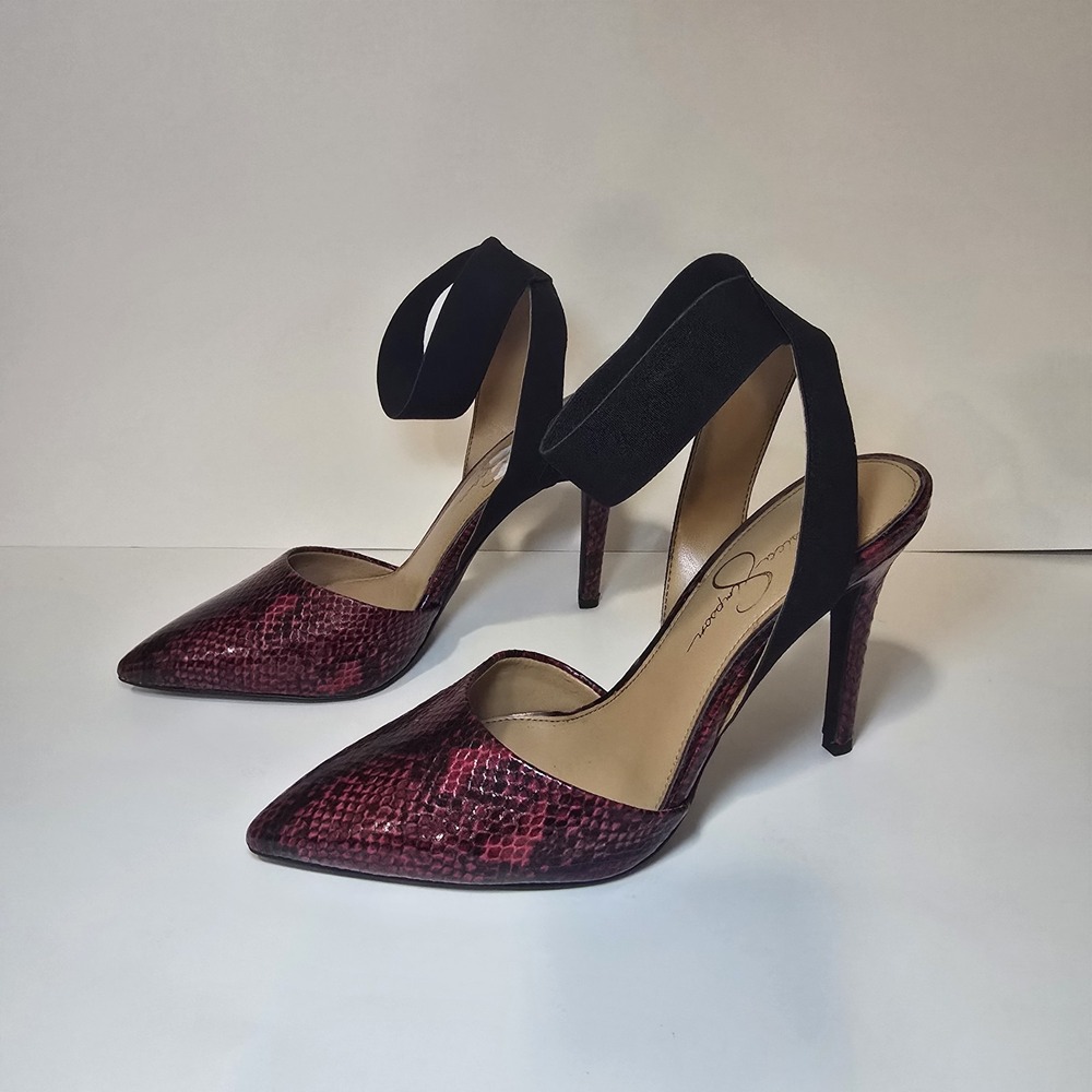 Jessica Simpson Burgundy Snake Print Pointed Toe Heels Ankle Strap Size 8M